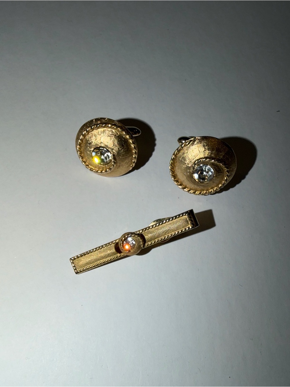 Fabulous Vintage Unisex Swank Gold-Tone & Rhinestone Cufflink & Tie Clip